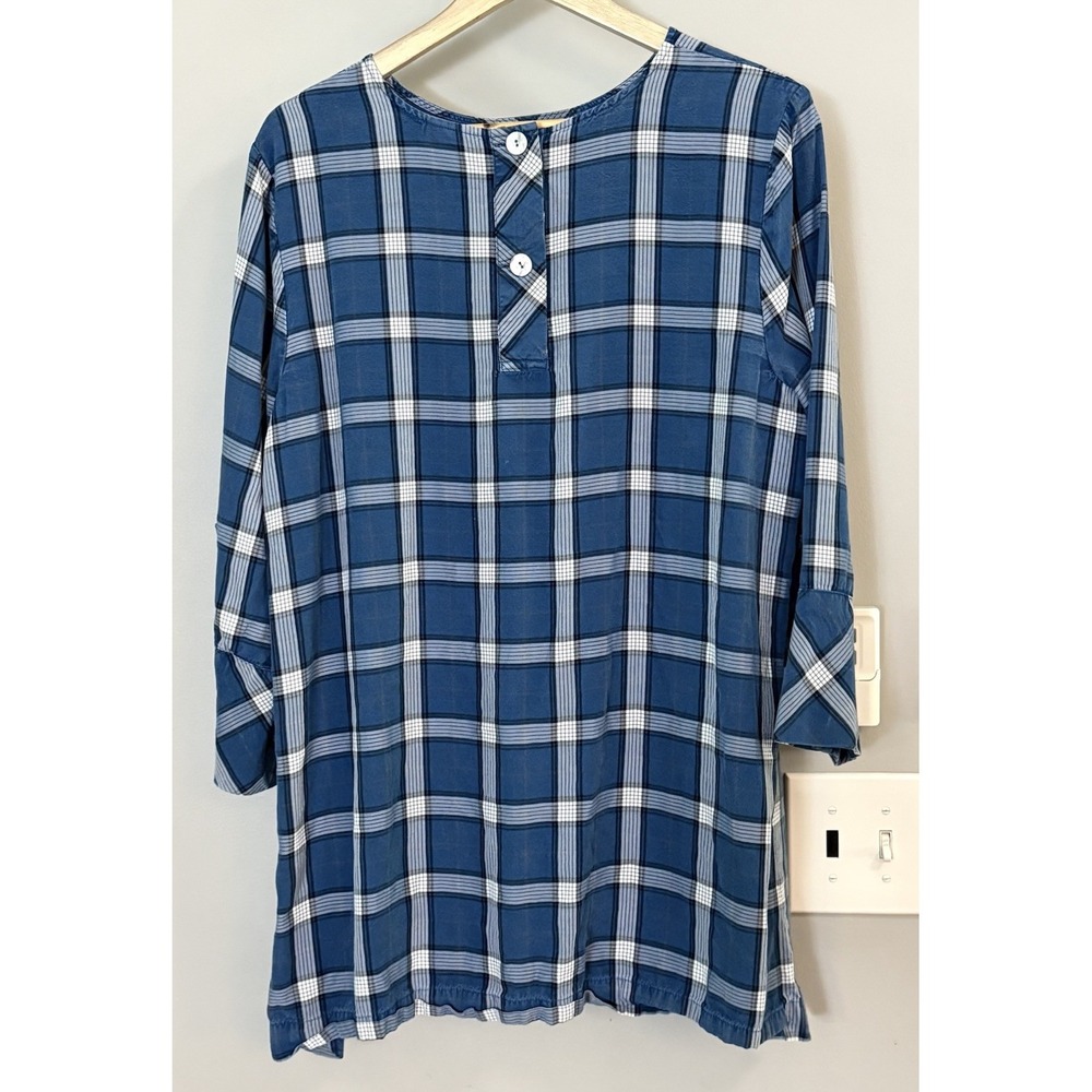 J Jill Top Plaid Tunic Luxe Lyocell‎ Pullover Boho 3/4 Sleeve Women's Large